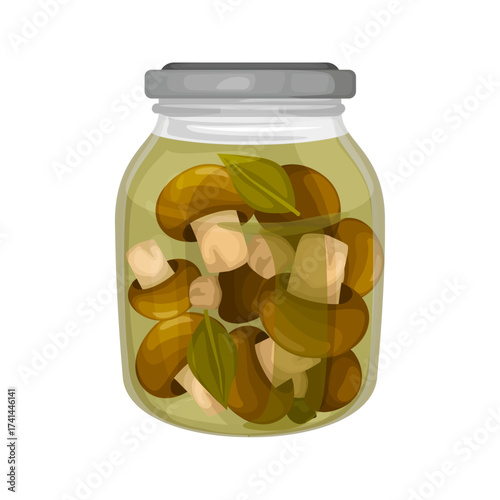Illustration of a glass jar filled with preserved mushrooms and bay leaves in brine