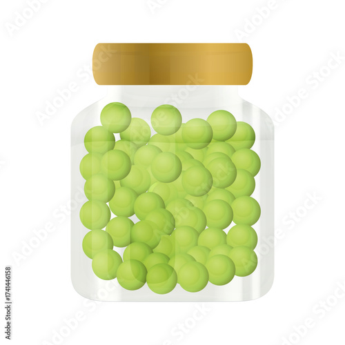 A clear glass jar filled with many round green peas and a golden cap on a black background