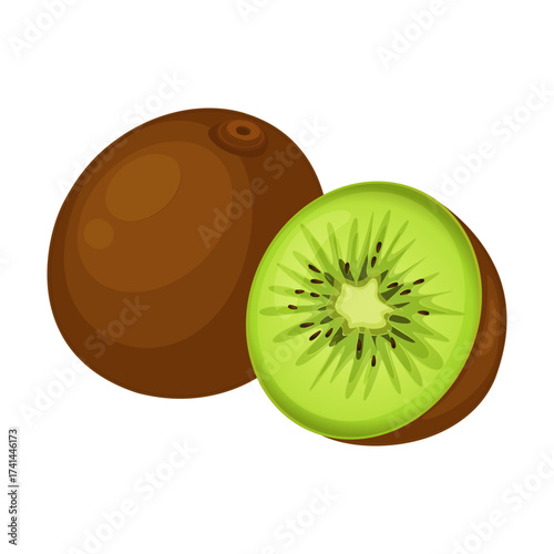 Whole and halved kiwi fruit with vibrant green flesh and black seeds isolated on black background
