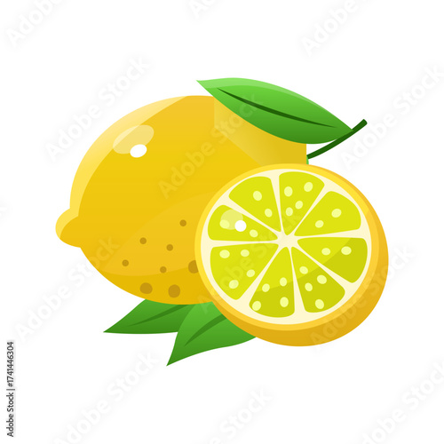 Bright yellow lemon and slice with green leaves on a black background
