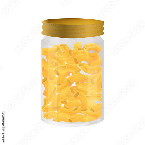 A clear glass jar filled with golden elbow macaroni pasta and sealed with a golden lid