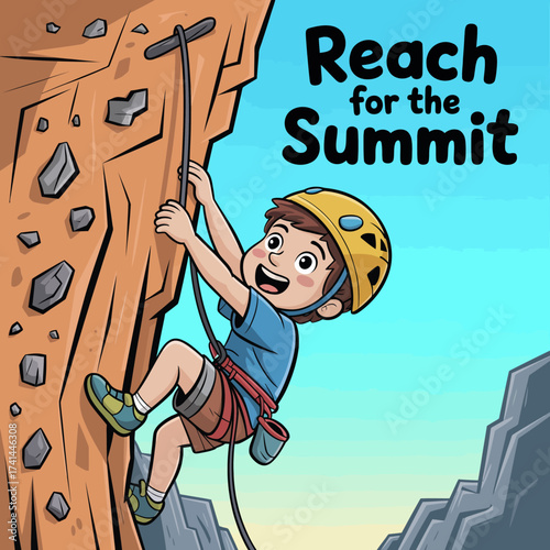 This energetic image showcases a young climber ascending a rocky wall, embodying determination and the spirit of adventure, representing growth and striving for accomplishment.