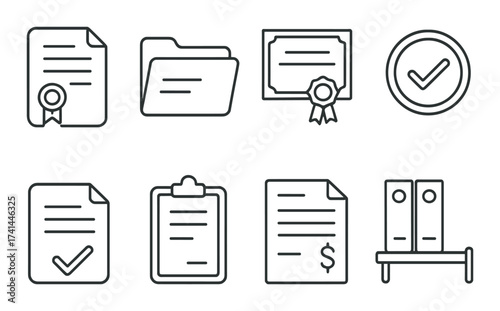 Document icons set: certificates, folders, checkmarks, and binders