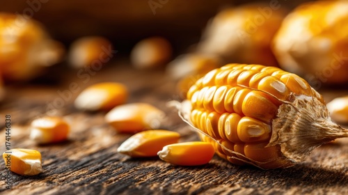Close up of fresh golden corn kernels on wooden surface