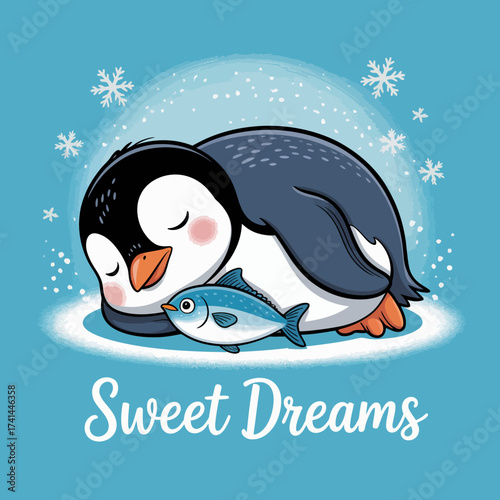 A cute, sleeping penguin cuddles with a fish in a serene winter landscape, surrounded by soft snowfall, creating a cozy and peaceful atmosphere.