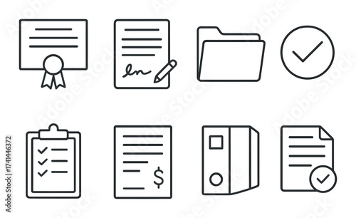 Monochrome document and office icons set with checkmarks and folders