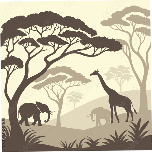 African savanna scene with giraffe and elephants under acacia trees