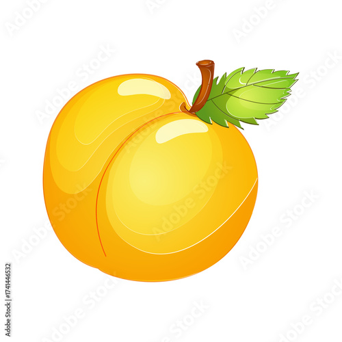A vibrant ripe yellow peach with a green leaf and stem isolated on a black background
