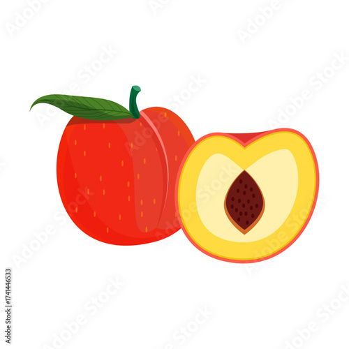 Vibrant illustration of a whole ripe peach with a green leaf and a halved peach showing its pit