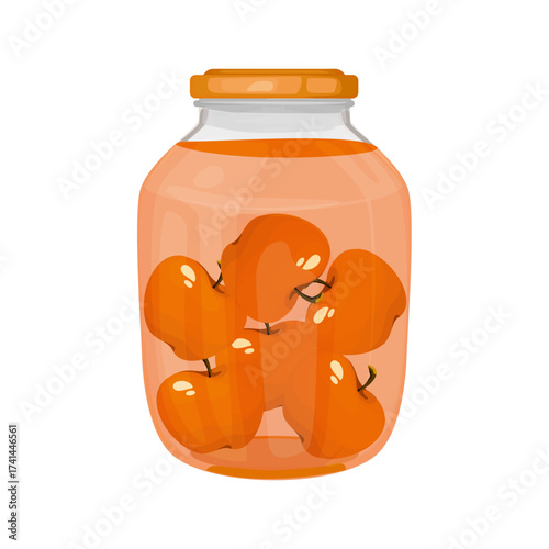 A glass jar filled with whole ripe apricots preserved in sweet syrup on a black background