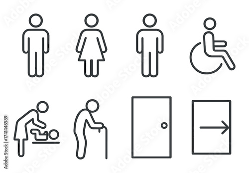 Universal accessibility symbols: men, women, disability, parenting, elderly, exit