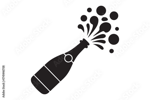 Champagne bottle explosion sign simple icon. Vector Black silhouettes. with white background