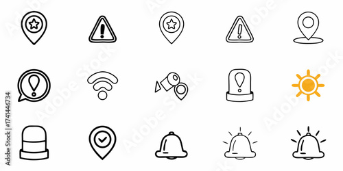 Essential alert icons for safety, notifications, and location services, offering clear visual communication for modern apps and systems