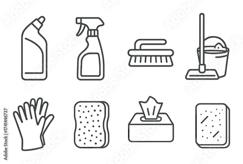 Collection of cleaning supplies silhouettes featuring gloves and spray bottle