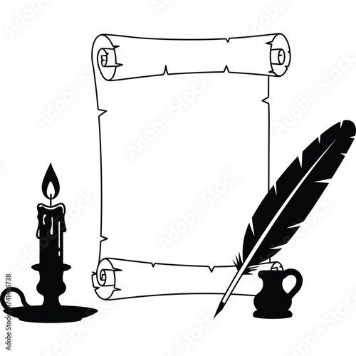 Scroll, Quill and Candle Silhouette black white writing history vintage paper feather ink flame light old ancient retro parchment