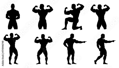 Bodybuilder Silhouette Set.Muscular Men Flexing Poses Collection, Fitness Vector Icons.