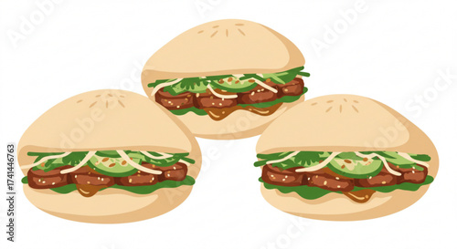 Three bao buns filled with meat and vegetables on white background  