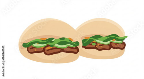Soft bao buns filled with meat and vegetables in flat illustration  