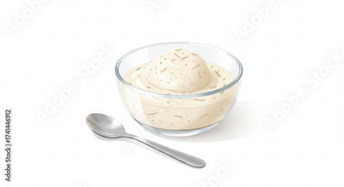 Creamy dessert in glass bowl with spoon on white background,Beijinho