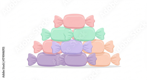 Colorful stacked candies in playful arrangement on white background  