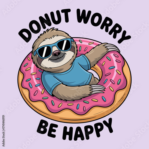 This whimsical illustration showcases a relaxed sloth wearing sunglasses, floating in a donut, embodying carefree vibes and joy in life's simple pleasures.