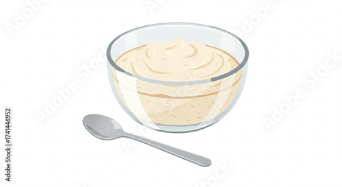 Creamy dessert in glass bowl with spoon on white background, Beijinho  