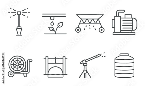 Monochrome icons of irrigation equipment and water storage