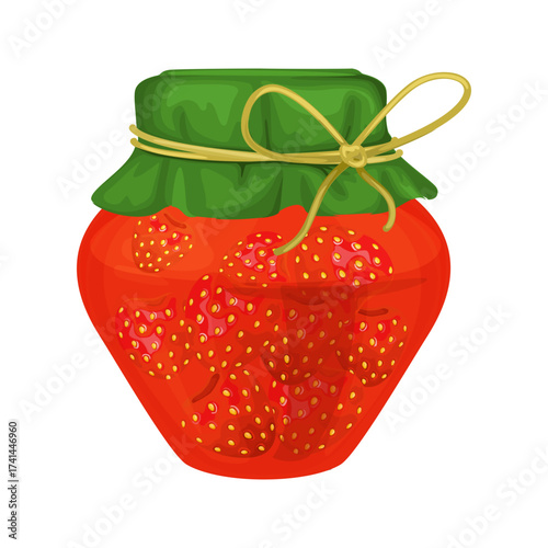 Homemade strawberry jam in a jar with green fabric lid and yellow twine tie