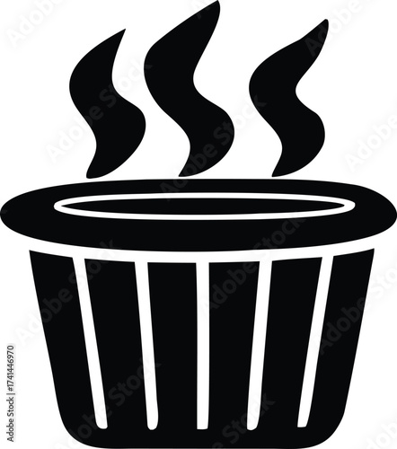 Hot tub icon representing relaxation and warmth with steam rising evoking comfort and serenity in a simple black and white design