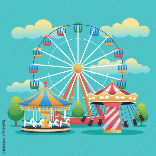 A colorful illustration of an amusement park featuring a merry-go-round and a Ferris wheel, capturing the essence of fun, laughter, and joy in a vibrant outdoor setting.