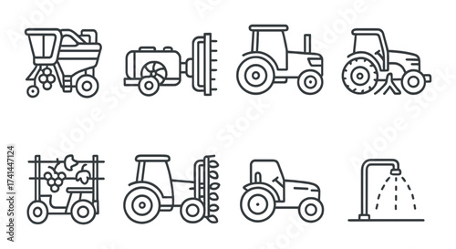 Agricultural equipment outline icons on gradient background