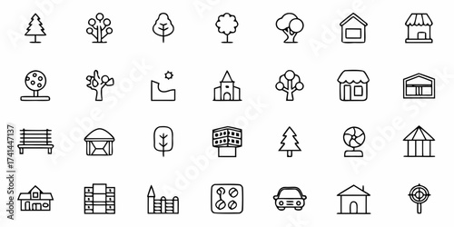 Charming collection of simple line icons representing nature, buildings, and urban elements for creative projects