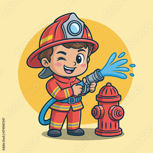 A cheerful young boy dressed as a firefighter, spraying water from a hose at a fire hydrant, capturing the spirit of heroism and adventure in children's play.