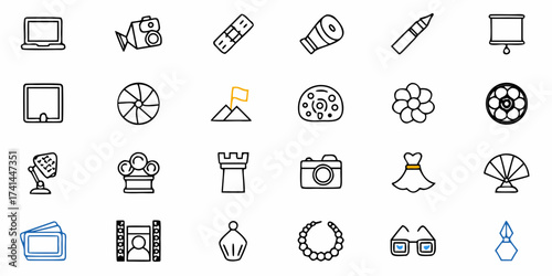 Diverse collection of simple outline icons representing business, technology, lifestyle, and creative pursuits for modern design projects