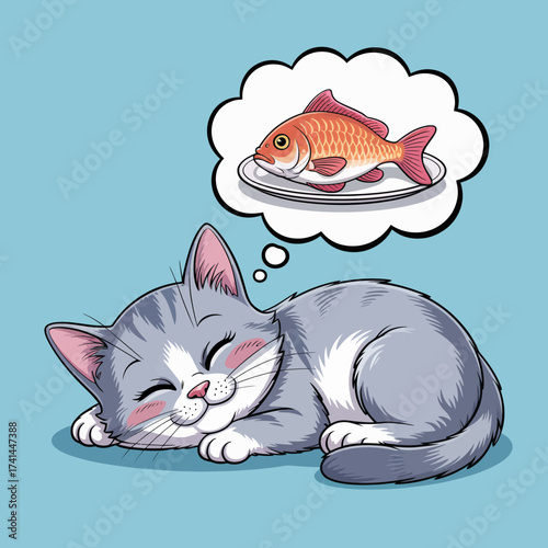 A peaceful cat sleeps comfortably while dreaming of a delectable fish, emphasizing relaxation, comfort, and imagination in a cozy, adorable illustration.