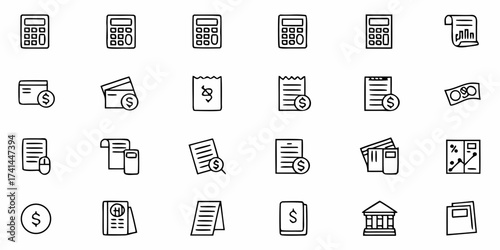 Professional finance icons set featuring calculators, credit cards, bills, cash, and bank for modern business presentations and financial planning