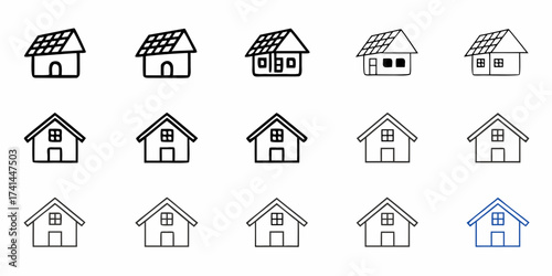 Diverse collection of simple house icons, showcasing various styles and details for architectural design and real estate concepts.