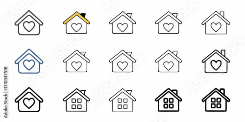 Charming house icons with heart and window variations, perfect for real estate or love-themed projects, offering simple elegance and warmth.
