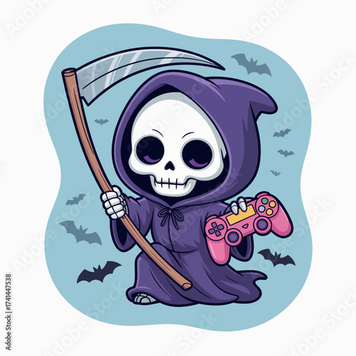 This whimsical image features a cartoon grim reaper holding a video game controller amidst flying bats, blending gaming culture with spooky aesthetics.