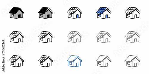 Diverse collection of house icons showcasing different styles, colors, and solar panel integration for modern real estate and energy concepts