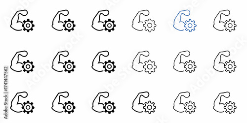 Empowering strength and efficiency with a dynamic arm and gear icon set for business and industry concepts