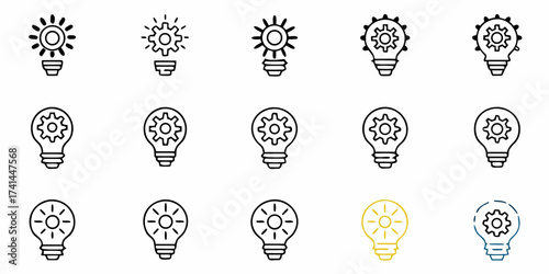 Creative innovation concepts represented by diverse light bulb ideas and mechanical gear designs symbolizing inventive thinking and problem-solving
