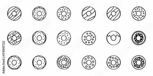 Sweet donut icon collection showcasing diverse frosting and sprinkle designs perfect for food blogs and bakery branding