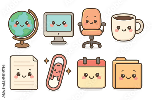 Adorable kawaii office icons featuring globe, computer, chair, coffee, and more