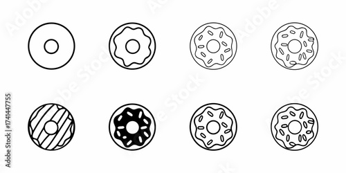 Diverse donut designs and styles showcasing sweet treat variations for culinary and graphic projects