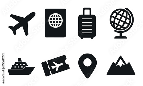 Travel icons set: airplane, passport, luggage, globe, ship, ticket, map, mountains