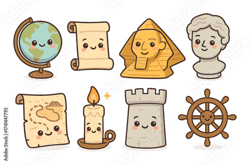 Cute historical artifacts cartoon with sphinx, globe, map, and candle
