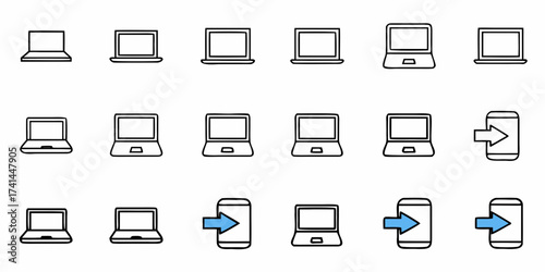 Diverse laptop and smartphone icons represent digital connectivity and data transfer for modern technology and business concepts