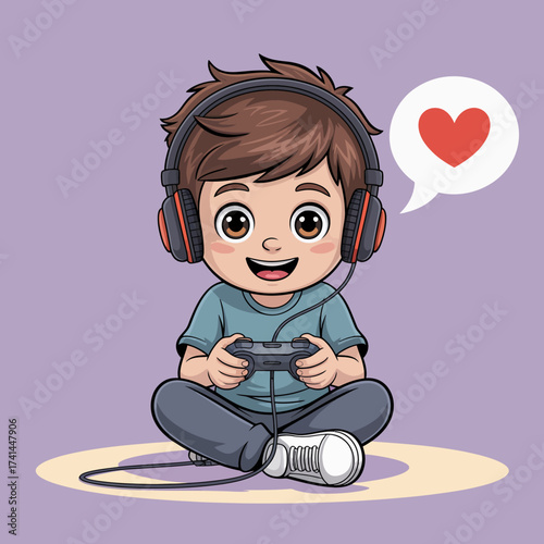 A happy child with headphones is engaged in playing video games, expressing excitement and joy, representing modern gaming culture and youthful energy for dynamic themes.