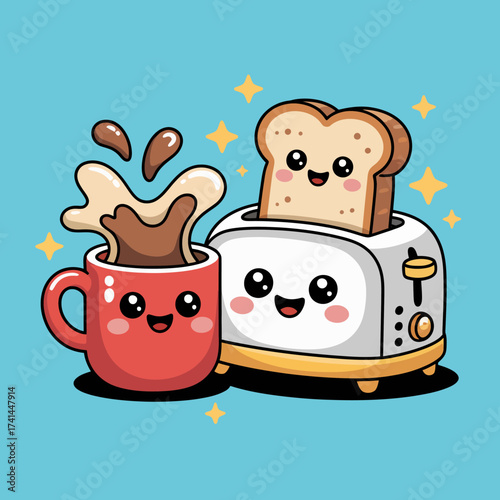 An adorable illustration featuring a smiling toaster alongside a cheerful mug of coffee and toast, evoking a sense of joy and breakfast delight.